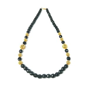 Vintage Black Bead and Gold Tone Statement Necklace Long Rope Length